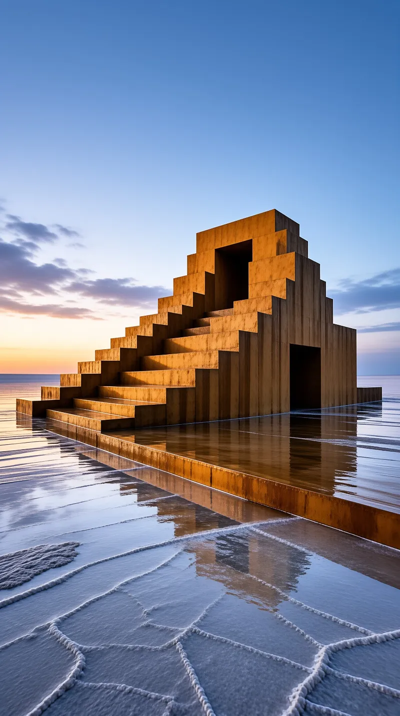 A stepped temple rises from shallow water, glowing gold against a dusk sky while cracked salt pans mirror its silhouette.