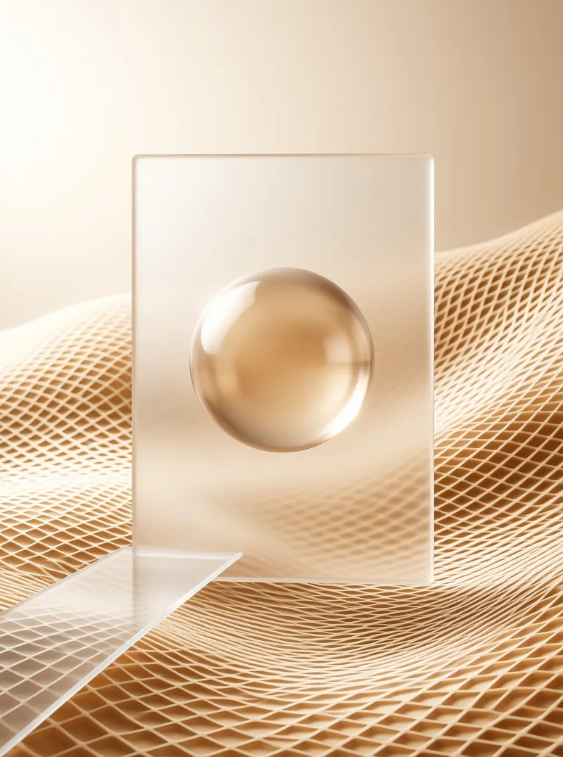 A vertical transparent rectangular panel stands upright on a wavy beige grid surface featuring a large glossy sphere aligned behind its plane while a smaller flat piece of glass lies in the foreground casting soft shadows across the warm minimal landscape.