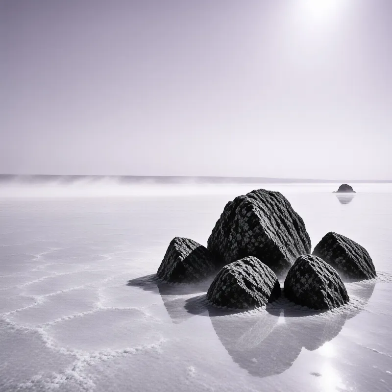 Dark textured rocks protrude from a vast white salt flat under a bright hazy sky with distant reflections.