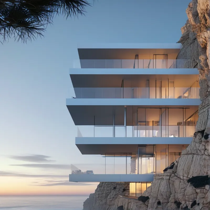 A white home extends from a rocky cliff overlooking the sea at twilight with glowing lights visible through windows.