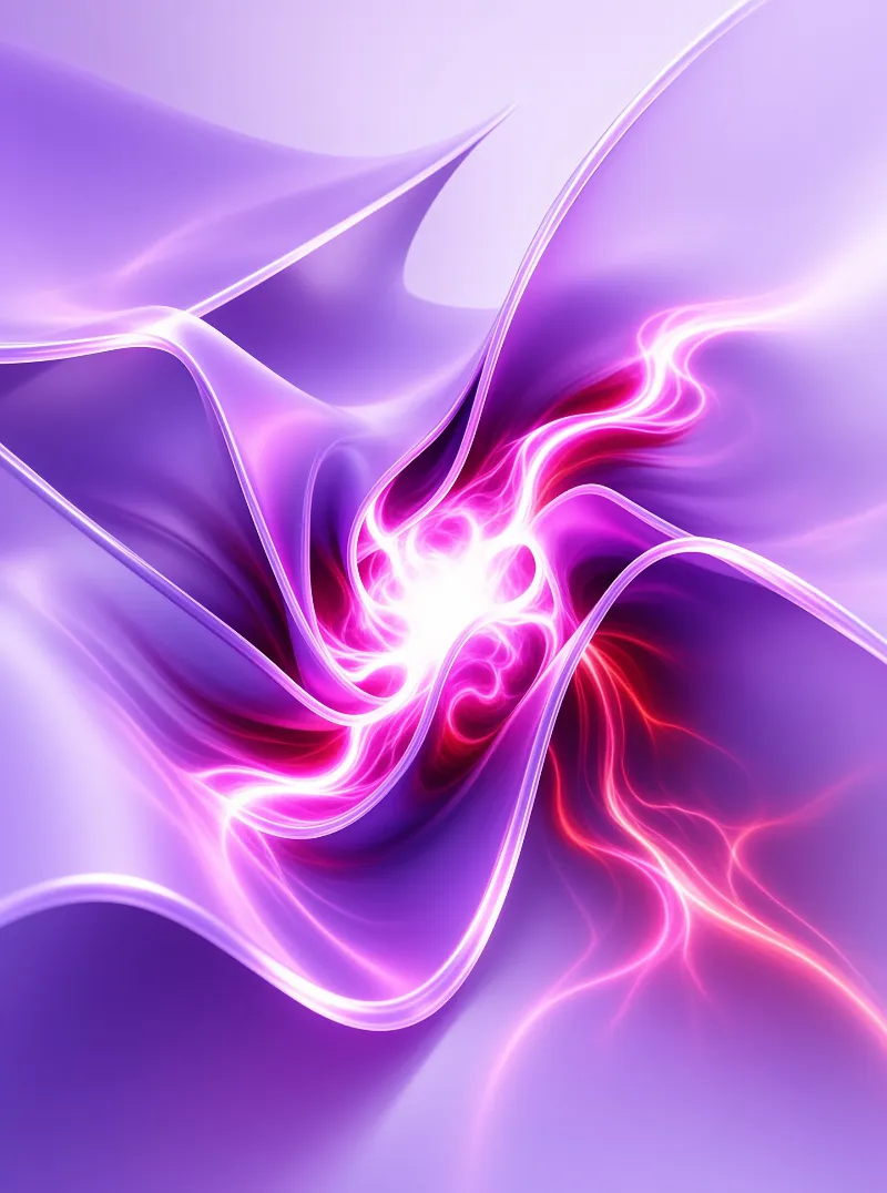Swirling magenta and lavender currents form a bright core within a composition of glowing purple fabric.