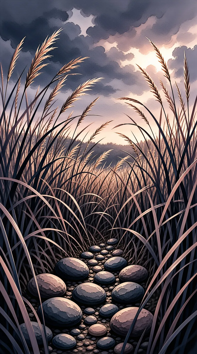 A winding path of smooth stones cuts through tall grass towards distant hills under a cloudy sky with warm light.