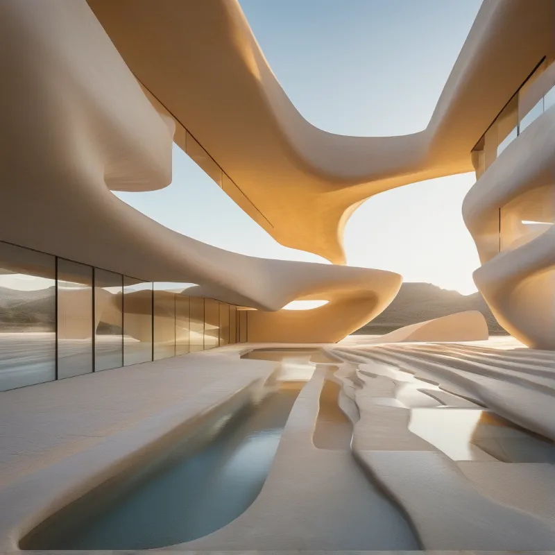 A futuristic white building with smooth curves surrounds a calm water channel under warm sunlight.
