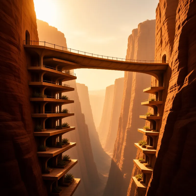 A slender bridge links sheer red sandstone cliffs featuring stacked balconies with desert plants in warm sunset light