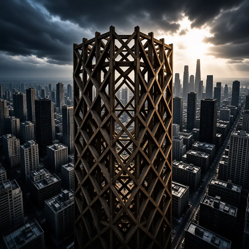 A tall timber framework dominates the view over a crowded city with sunlight breaking through dark clouds.
