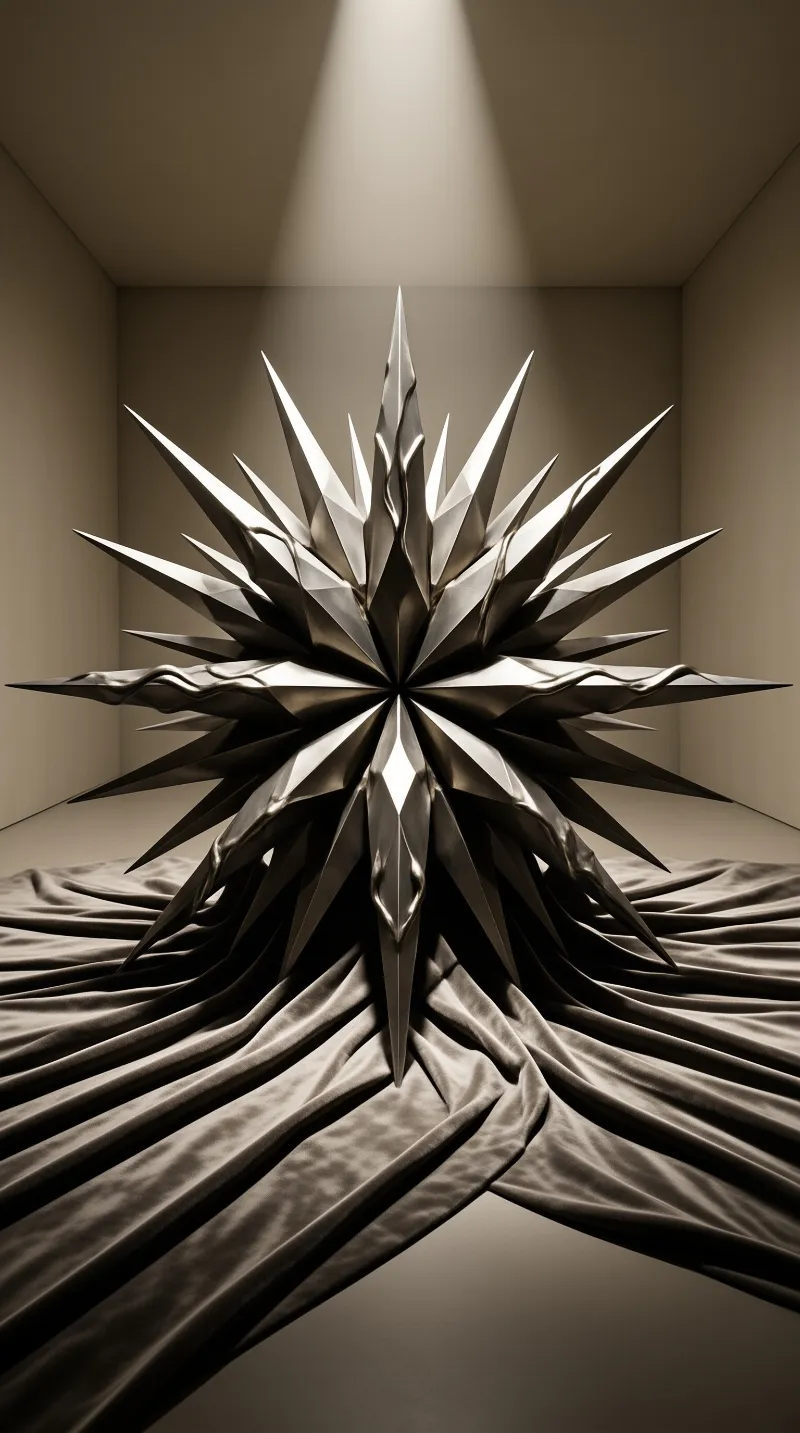 A large metallic starburst sculpture rests on a crumpled silk surface beneath a focused ceiling light.