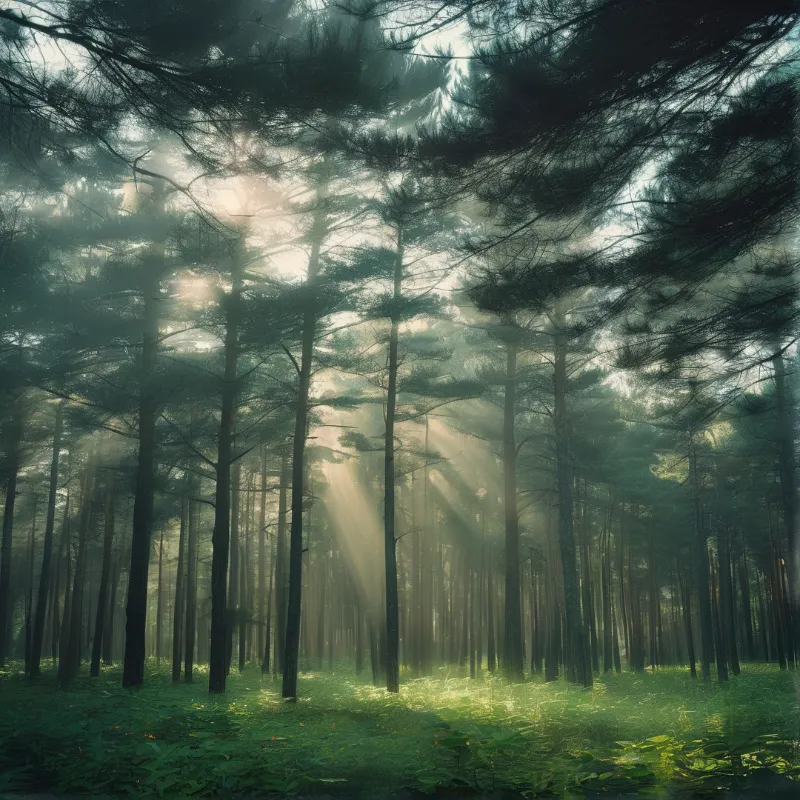 Sunbeams pierce through a dense collection of tall pine trees in a misty green forest landscape.