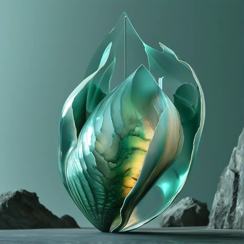 Glossy green leaf like shells unfold around a glowing amber centre, standing on grey stone against a sage wall.