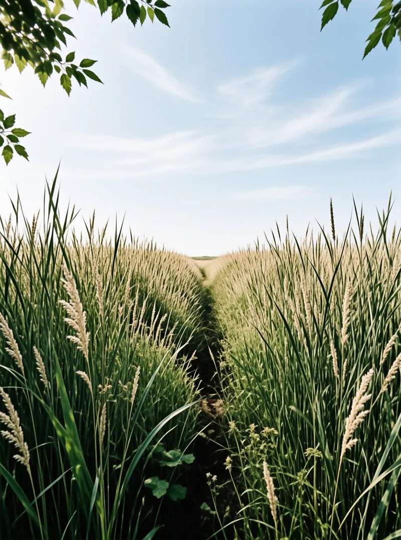 Tall green and beige grain crops flank a narrow dirt path leading toward a distant horizon beneath a bright sky.
