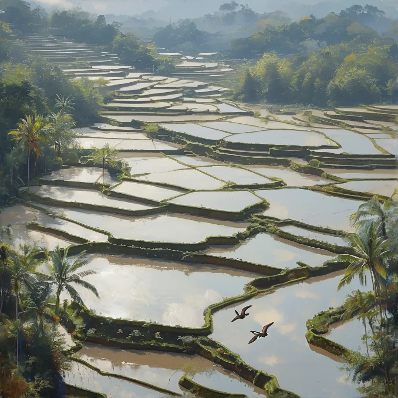 Water filled rice paddies reflect the sky while two birds fly low near palm trees on a misty hillside.