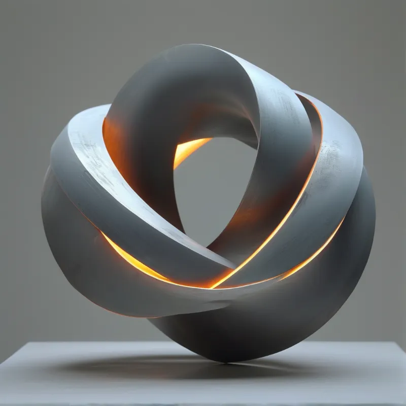 Grey interlocking loops sit on a surface with warm orange light glowing through the gaps.