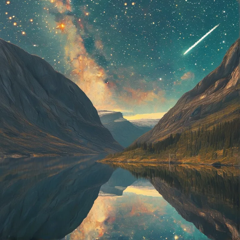 A mirror lake doubles a star filled sky streaked with a golden nebula between dark mountains.