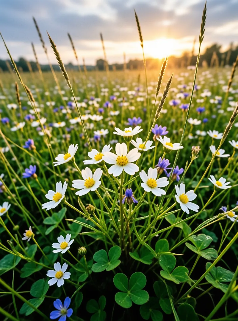Yellow centered white daisies and small violet blooms dot a lush green meadow as the sun sets low over the distant treeline.