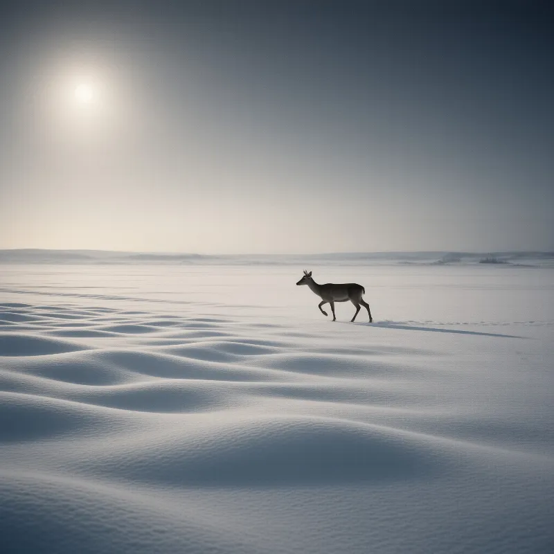 A lone deer moves across a wide snowfield under a bright sun which casts soft shadows on the rippled ground.
