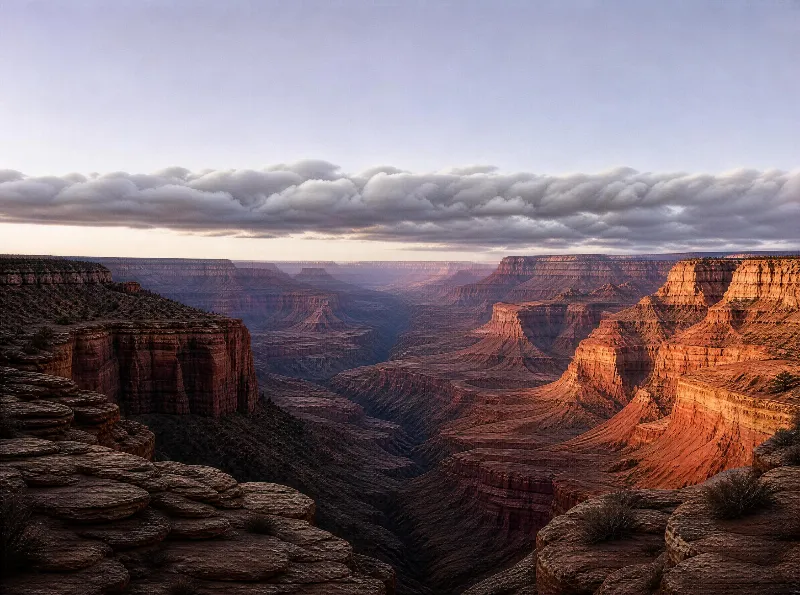 An expansive view of the Grand Canyon at sunset, showcasing vibrant red and orange rock layers against a backdrop of soft, dramatic clouds