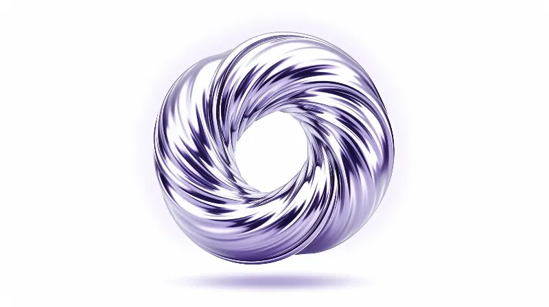A reflective purple torus floats on a plain surface, displaying complex metallic swirls and a soft shadow below.