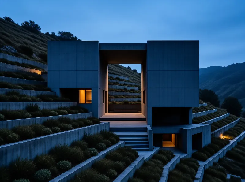 A geometric concrete building sits on a landscaped slope with warm lights glowing inside during twilight.