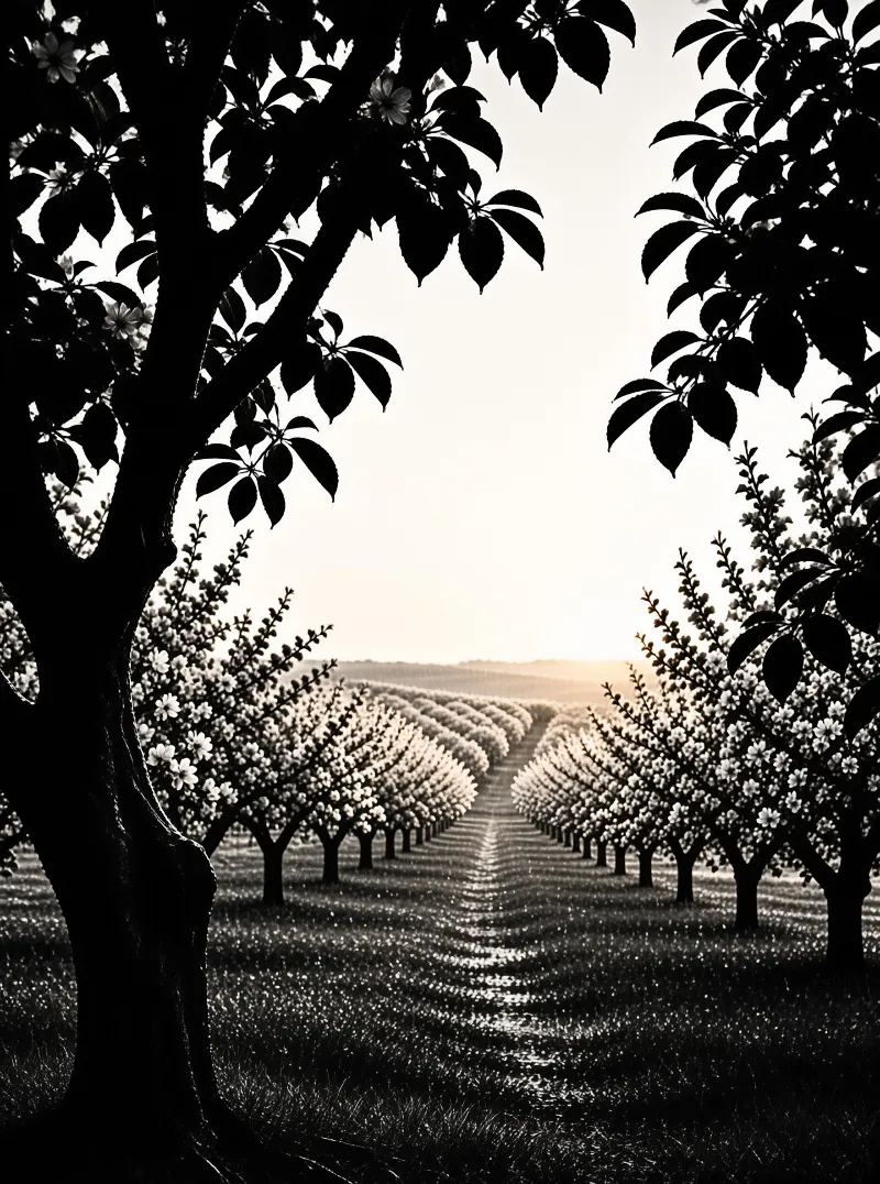 Monochrome view through dark branches onto rows of white-flowered trees stretching toward a bright horizon.
