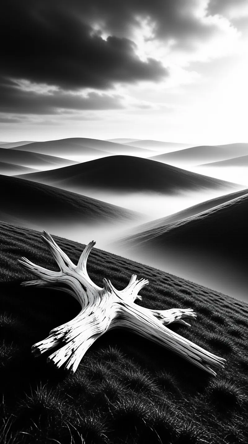 A whorled driftwood trunk rests on dark grass while fog pools between distant black hills