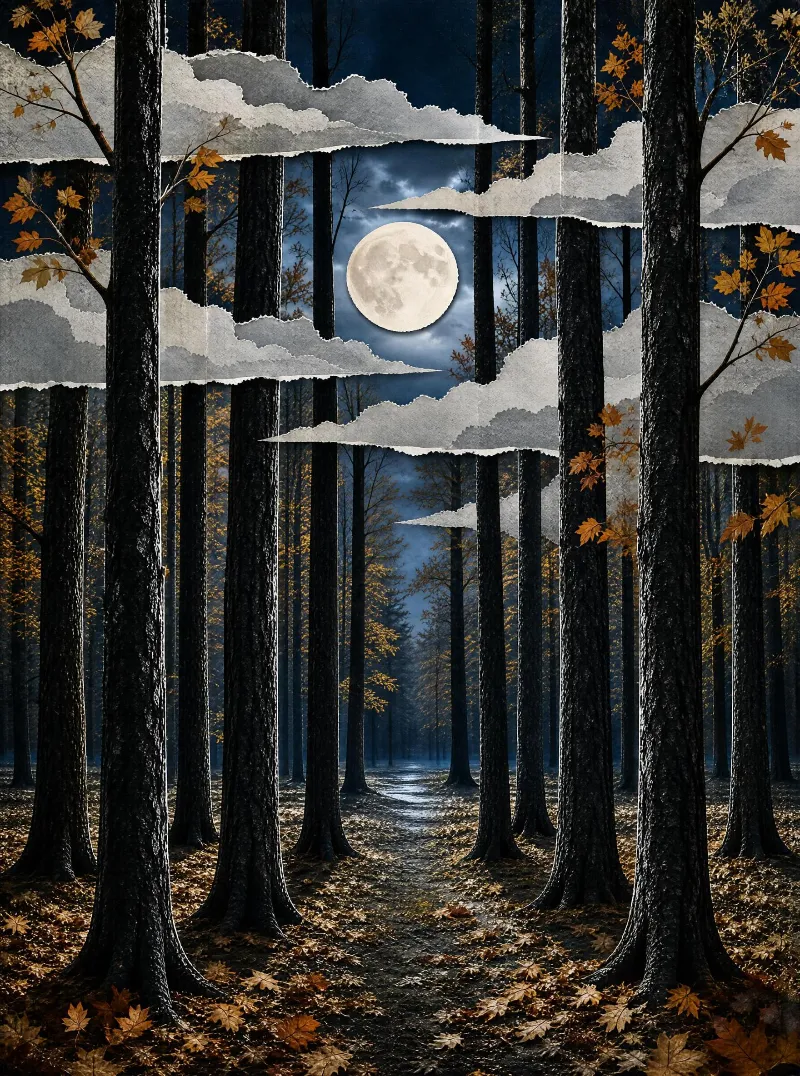 A forest path flanked by tall trees with golden leaves, under a full moon and torn paper clouds in a dark night sky