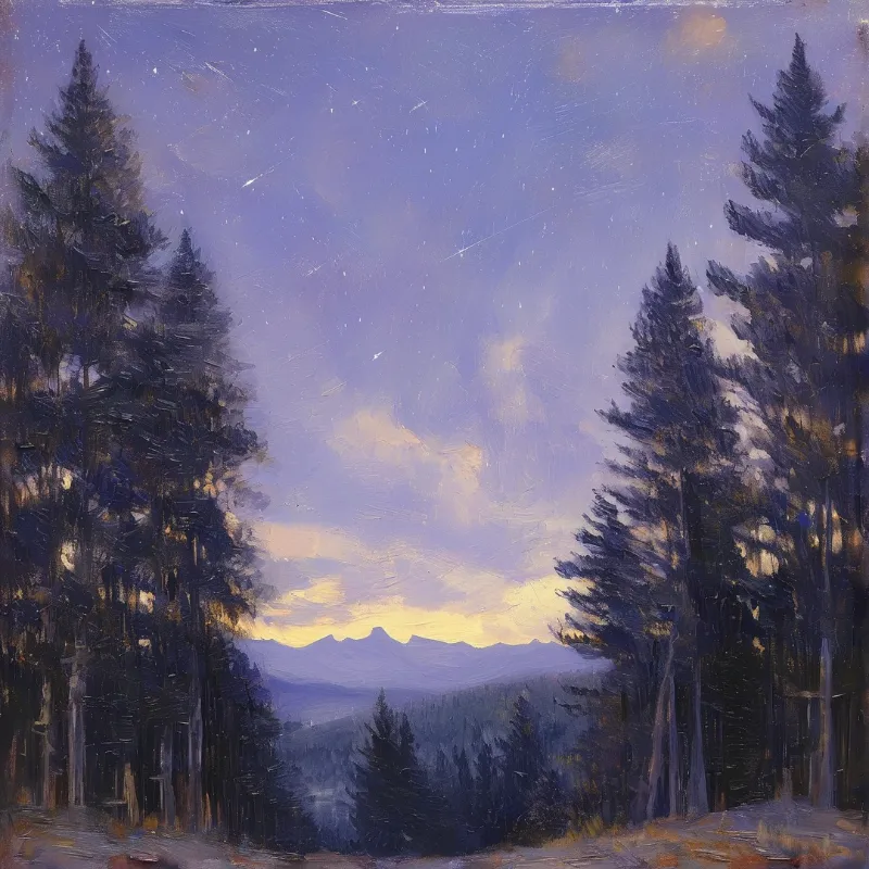 Oil painting of evergreen trees framing distant mountains under a starry purple sky with yellow horizon light.