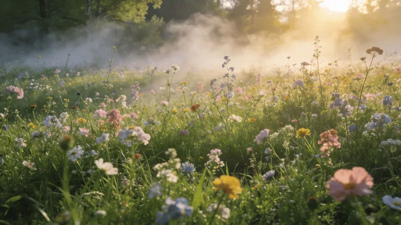 Wildflower Meadow in Morning Mist