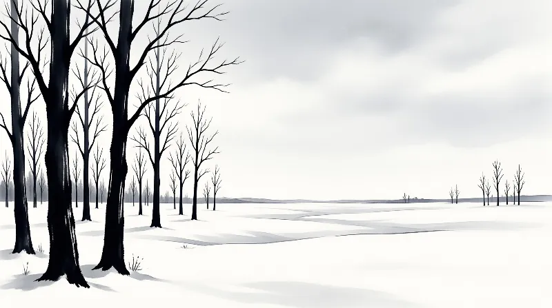 A monochromatic winter scene featuring leafless trees standing along a snow-covered plain under an overcast sky