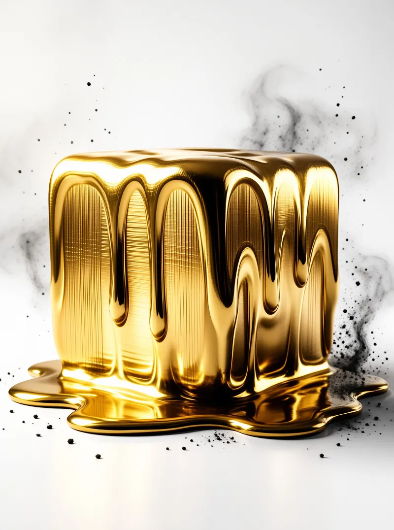 A mirror finish metal block loses its edges as molten gold drips down its faces, surrounded by black smoke and specks.