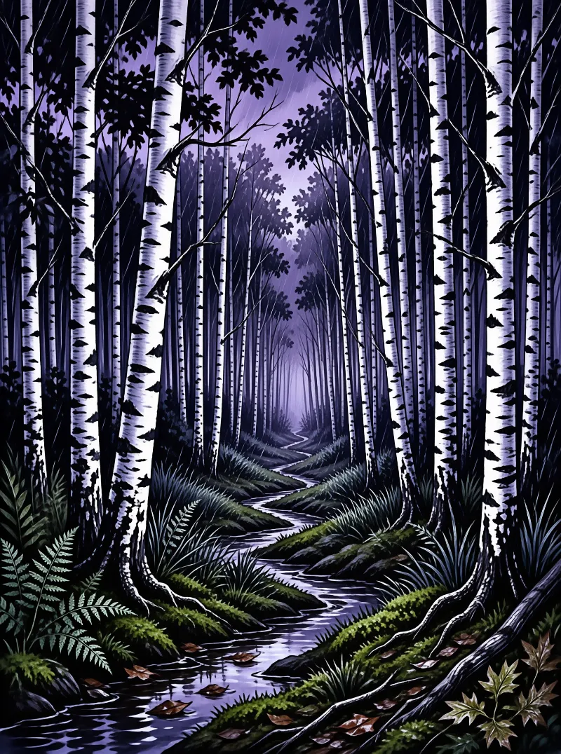 Tall white birch trees frame a stream winding through a purple misty forest during twilight.