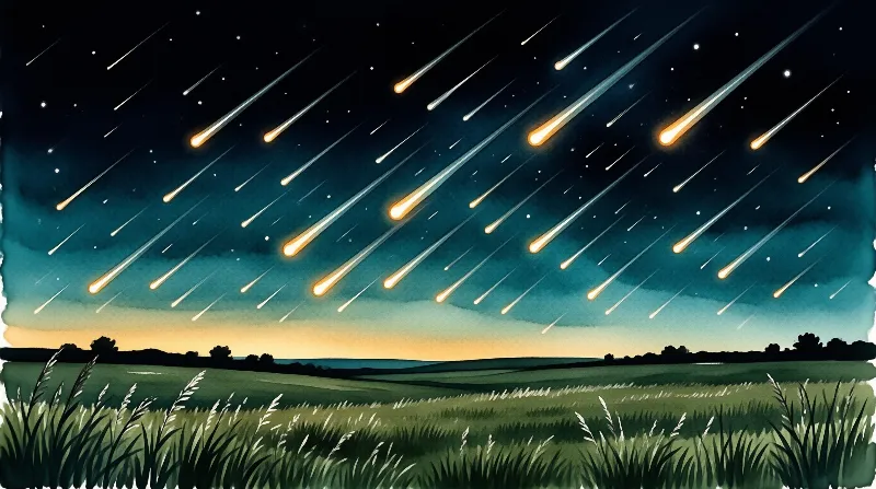 Glowing meteor trails slash through a starry night sky above a silhouetted grassy landscape.