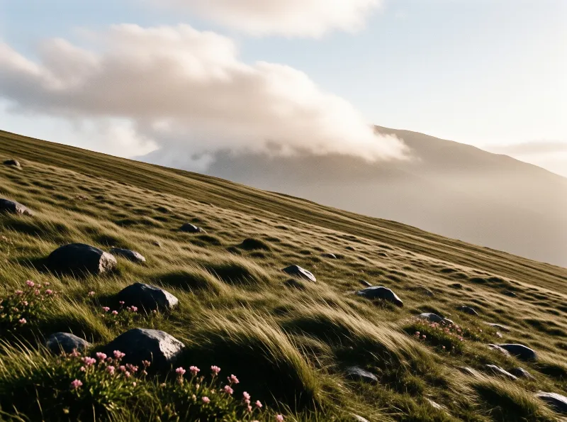 Wind swept grass surrounds dark boulders on a sloping hill while clouds obscure the distant mountain ridge in warm light.