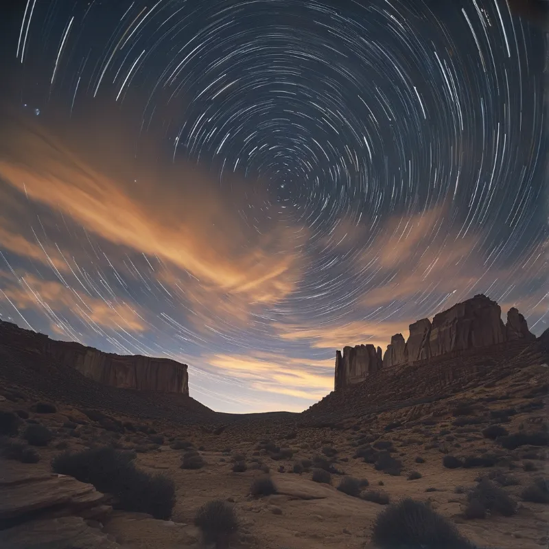 Concentric star trail arcs swirl over silhouetted desert mesas while amber-lit clouds streak the night sky.