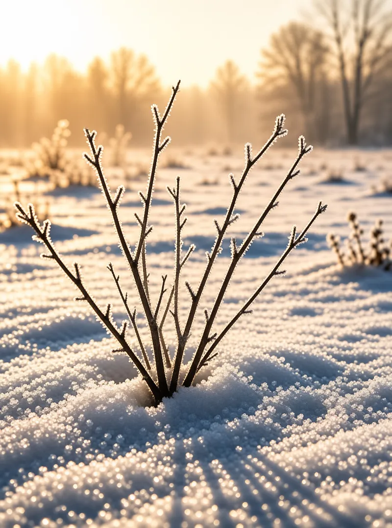 A frost-covered shrub emerges from a snowy field, its icy branches sparkling in warm golden light against a distant tree line.