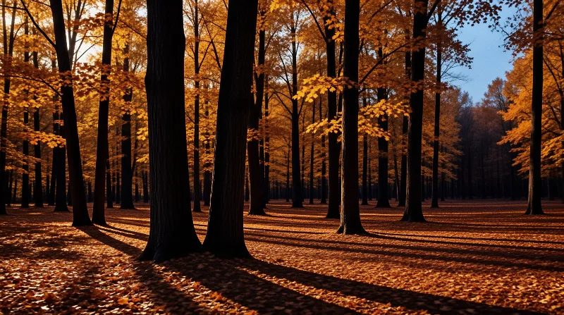 Straight dark trunks rise through glowing amber leaves while their long shadows stripe a carpet of fallen foliage.