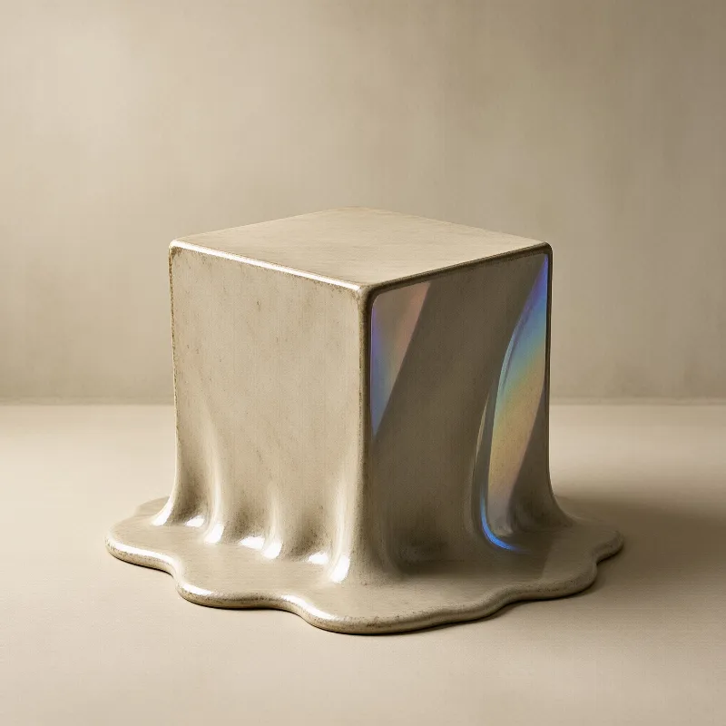 A soft beige cube dissolves at its corners and drapes onto the floor with a faint iridescent shimmer.