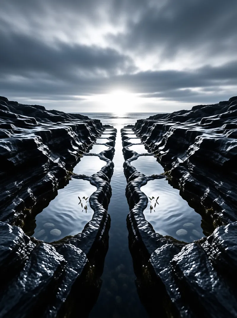 Dark wet rock formations frame a calm channel of water reflecting the bright sky and distant sun on the horizon.