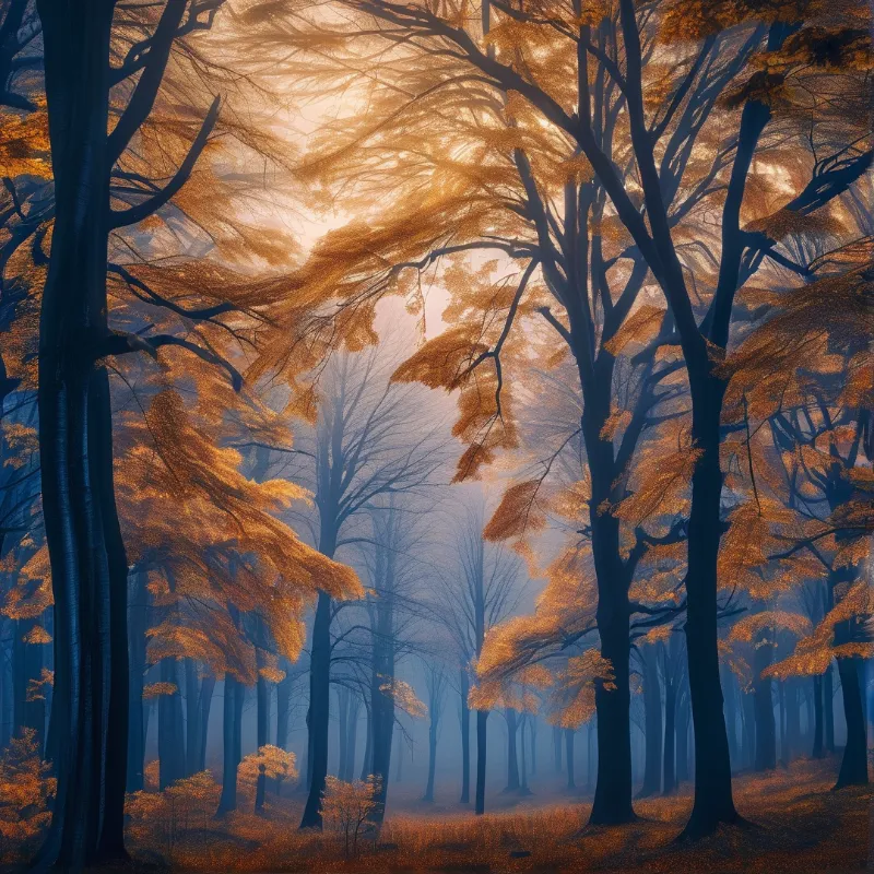 Sunlit Foggy Autumn Forest