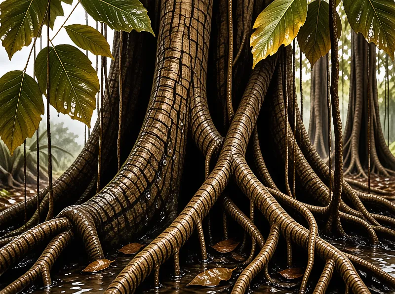 Thick brown roots spread across damp muddy ground with water droplets and hanging leaves.