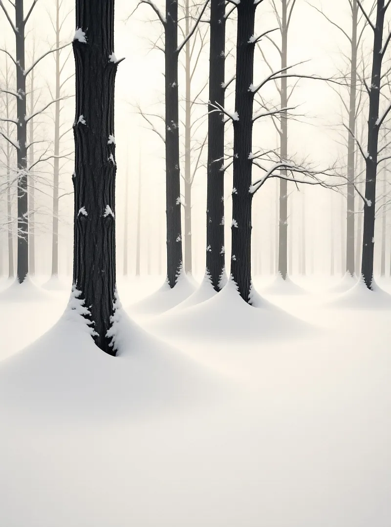 Tall dark trees emerge from sculpted snow drifts in a foggy winter landscape.