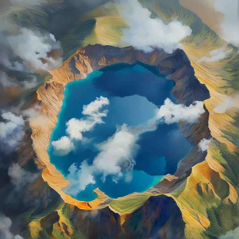 A top down view of a deep blue crater lake mirroring white clouds within a rugged yellowish brown mountain formation.