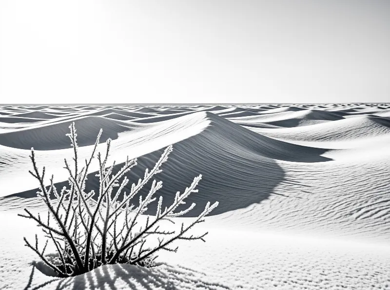 A frost encrusted bush stands in the foreground of expansive sand dunes bathed in bright sunlight.