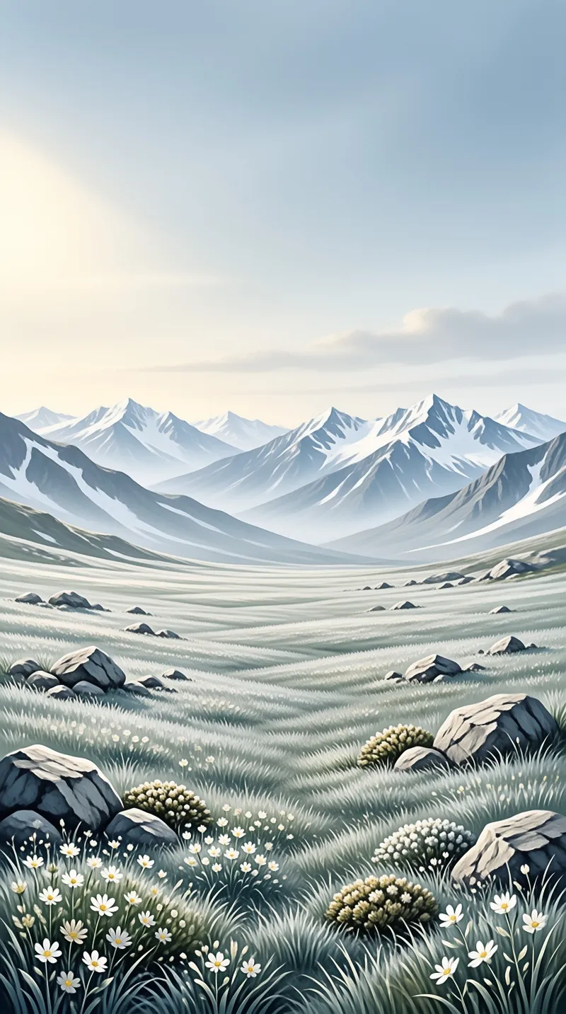 Painted hillsides of silvery grass and boulders lead toward layered snow peaks under a soft hazy morning sky.