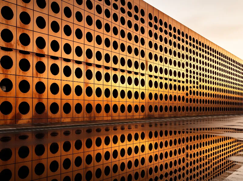 A rusted industrial wall featuring a grid of round cutouts mirrors its pattern in a shallow puddle on the pavement.