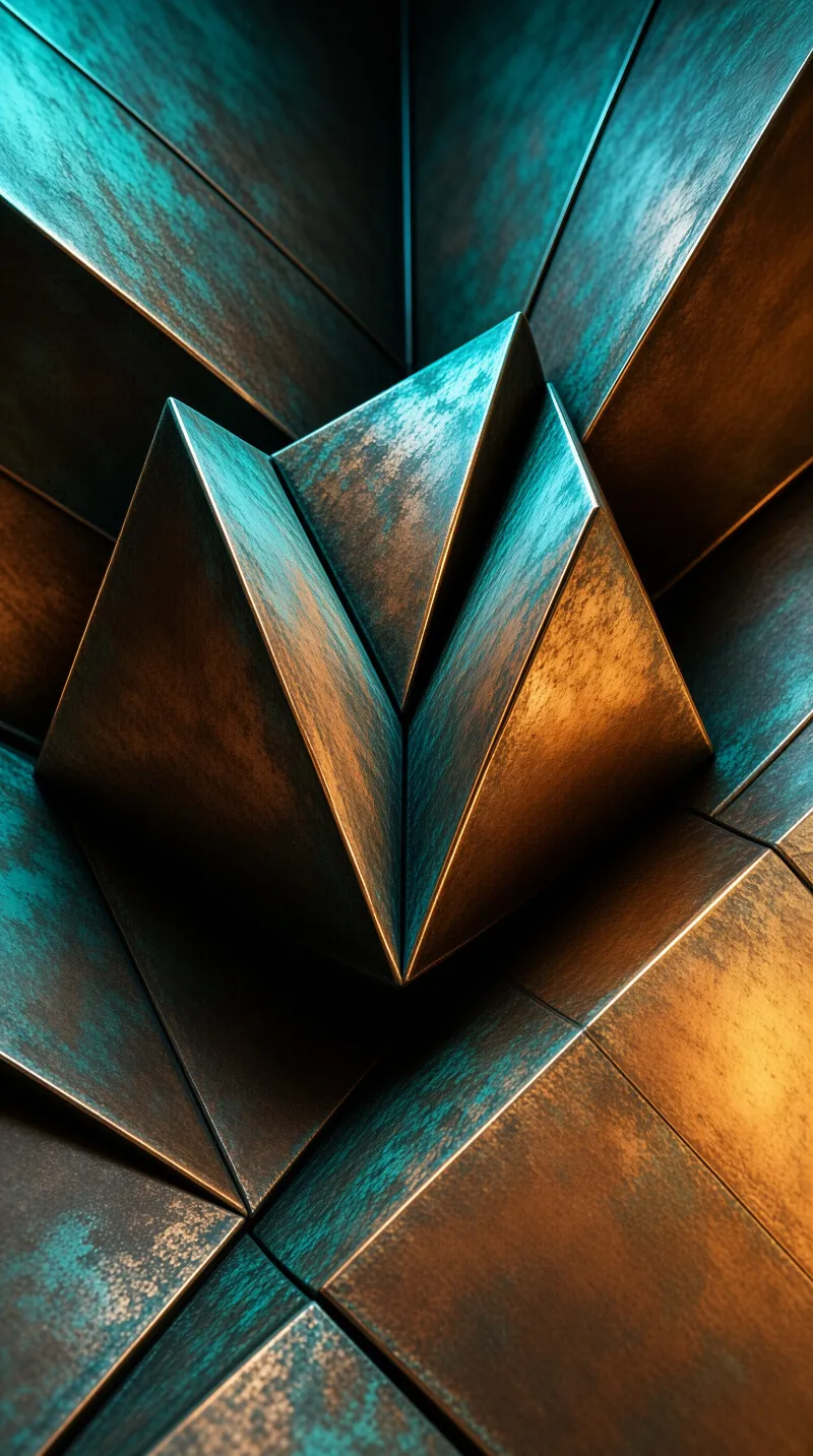 Close-up of a geometric metal structure with sharp angles and a textured surface lit by contrasting teal and gold tones.