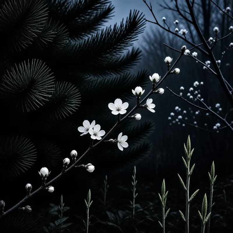 White petals and buds on a slender branch contrast sharply with the dark blurred pine needles behind them in this moody scene.