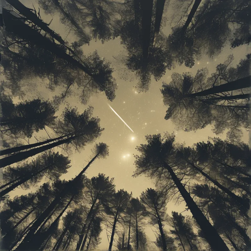 Upward shot of tall pine tree silhouettes surrounding a bright falling meteor in a sepia toned star filled night sky.