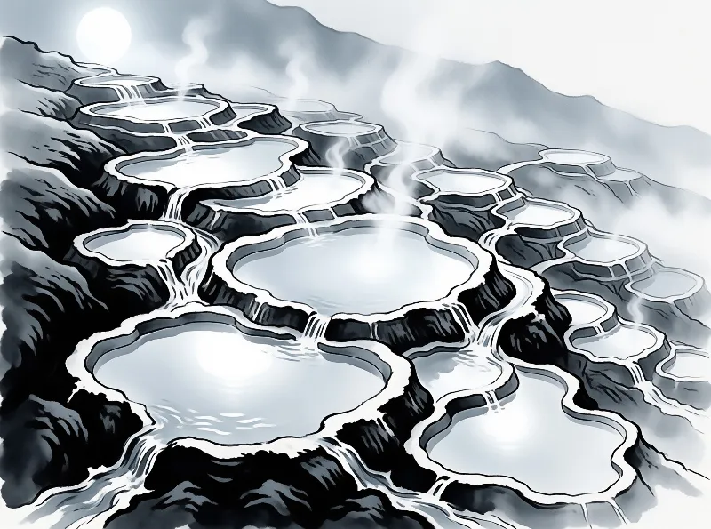 Monochrome illustration of terraced hot spring pools cascading down a mountain slope with wisps of steam under a bright sun