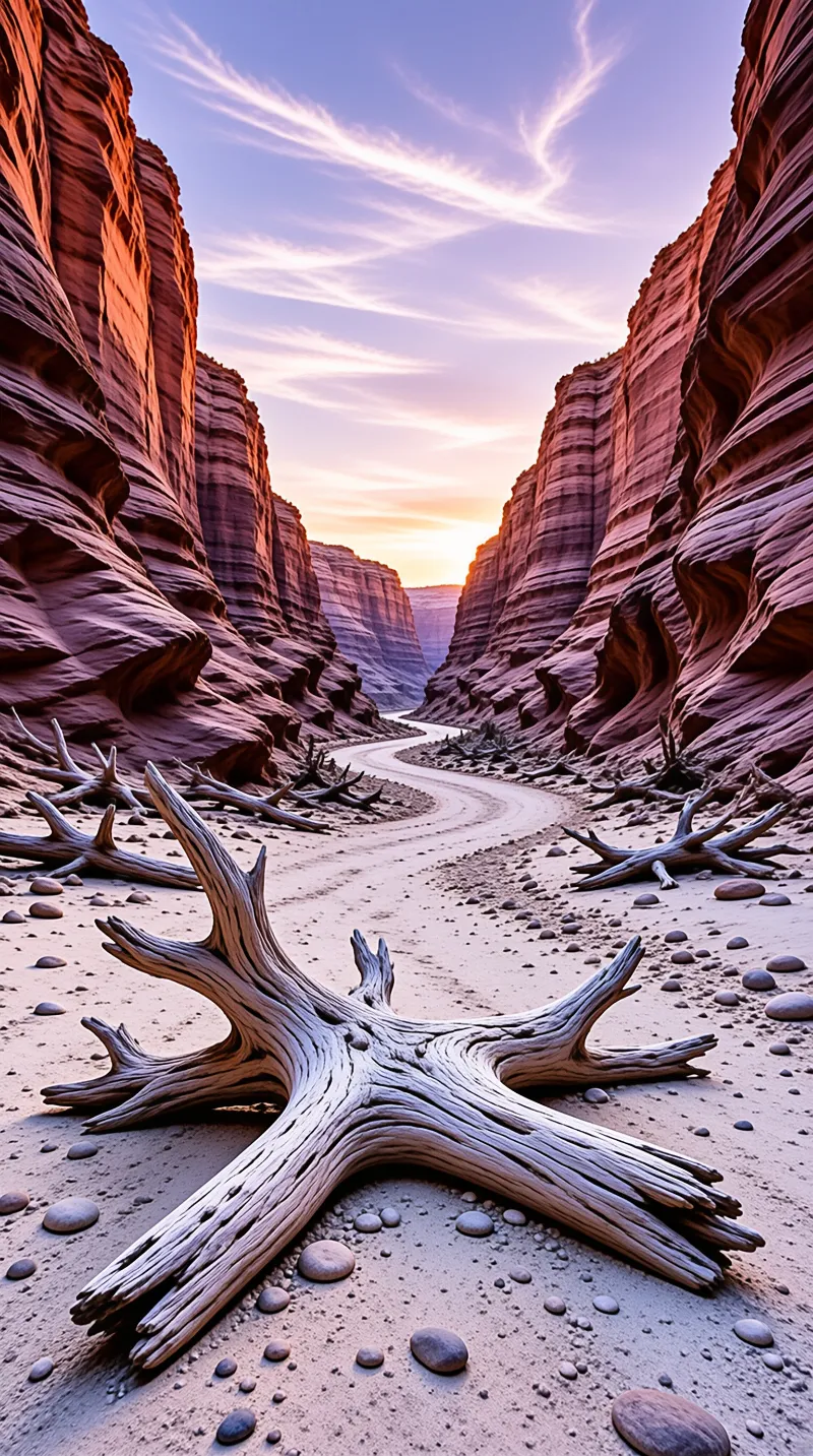 Gnarled branches lie on the sand before a winding path through red rock cliffs under a pastel sky.