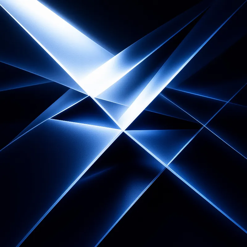 Abstract geometric composition of glowing blue and white triangular planes intersecting over a dark black void