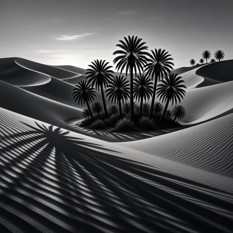 A monochromatic scene features palm trees standing in rolling desert dunes with distinct shadows cast across the sand.